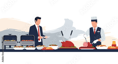 Elegant Catering Buffet Service Illustration Showcasing Culinary Expertise and Diverse Food