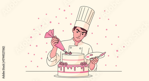Determined Baker Decorating Cake with Icing, Showing Focus in Food Preparation Process