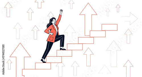 Determined Woman Ascending Stairs Towards Success, Achieving Business Goals, and Reaching Summit