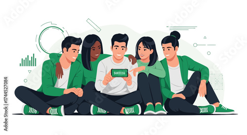 Diverse Team Together Celebrating Triumph and Holding Display of Success to Inspire Victory