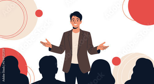 Dynamic Speaker Delivering Business Insights To An Unseen Audience, Vector Illustration