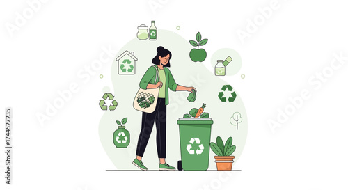 Eco Conscious Actions Illustrated Woman Disposing Of Bio Waste Sustainably and Responsibly