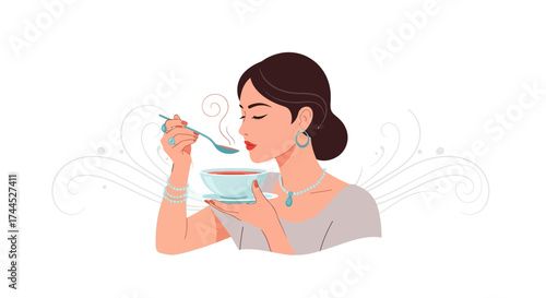 Elegant Woman Tasting Delicious Soup in Minimalist Style with Jewelry And Fancy Details