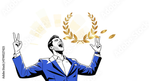 Ecstatic Man Celebrates Achievement With Laurel Wreath And Bold Victory Symbols