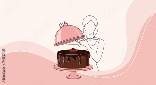 Elegant Woman with Cake, Celebrating a Special Moment, Birthday or Event with Dessert
