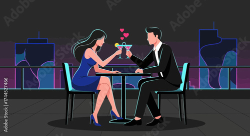 Elevated Spirits: A Romantic Rooftop Toast Under the City's Neon Glow