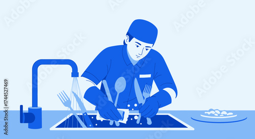 Dishwasher In Uniform Cleaning Cutlery With Water And Soap As A Conceptual Illustration