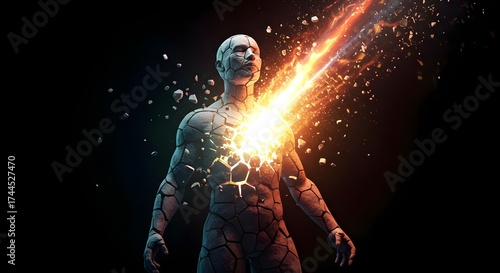 Hopeful creative rebirth dramatic shards fly as inner light explodes from a fractured figure in deep contrast