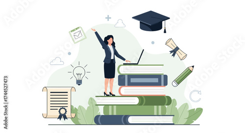 Education illustration depicting a woman standing atop books and using a laptop for learning