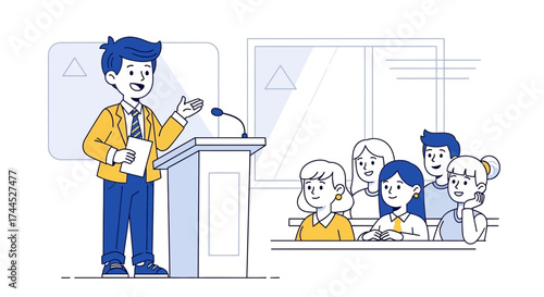 Eloquent Speaker Delivers Presentation To Engaged Audience In Illustrated Lecture Hall Venue