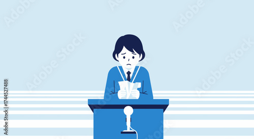 Distressed Speaker Holding Notes Behind A Podium Expressing Doubt And Apprehension During Speech