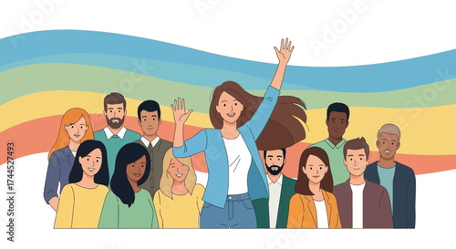 Diverse And Inclusive Workforce Celebrating Success Against A Vibrant Rainbow Backdrop
