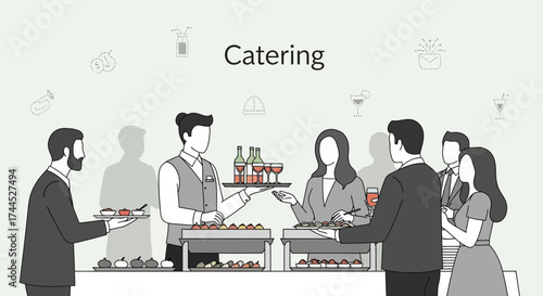 Elegant Catering Event Depicted With Guests, Servers, Festive Food, and Various Refreshments