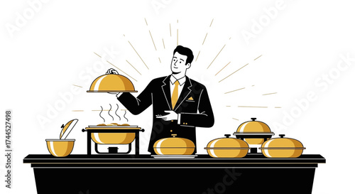 Elegant Catering Service Illustration Depicting Formal Event with Gourmet Dishes