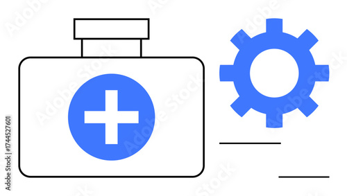 First aid kit with cross icon paired with gear, visualizing healthcare, medical innovation, system efficiency, technical support, wellness, health management, simple flat metaphor