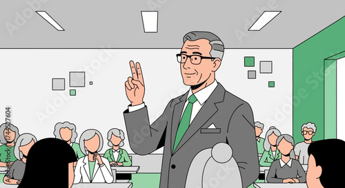 Educator Delivers Gesture During Presentation in Modern Classroom Setting