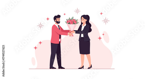 Elegant Gesture: A Man Gifts Blossoms to a Woman in a Stylish Graphical Composition