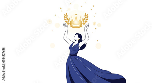 Elegant Illustration of a Woman Reaching for a Crown Symbolizing Success and Achievement