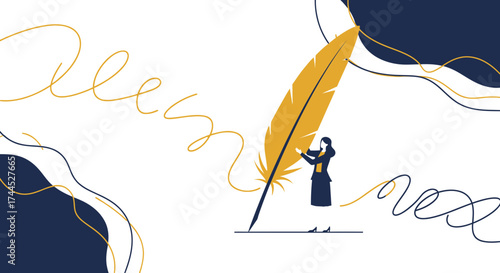 Elegant Illustration Of A Woman Writing With Feather And Abstract Aesthetic Elements