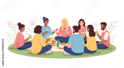 Diverse Group Enjoying Beverages And Snacks While Conversing Outdoors In Nature Setting