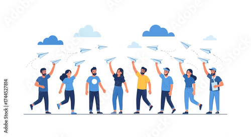 Diverse Group Launching Paper Airplanes, Symbolising Growth And Innovation Together