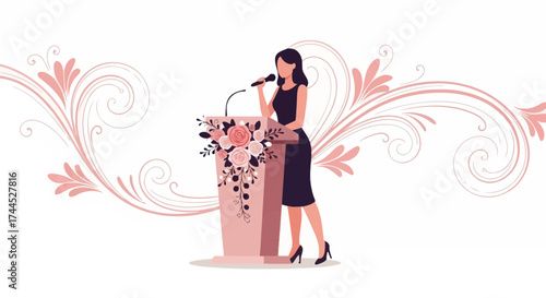 Elegant Presenter in a Black Dress with Floral Elements Delivering a Speech