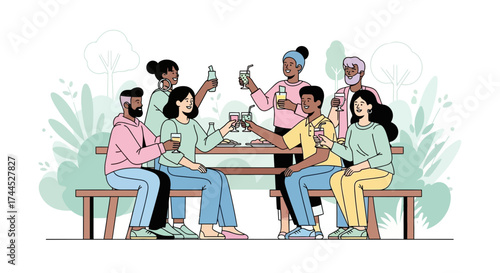 Diverse group of friends celebrating with drinks outdoors on a sunny day
