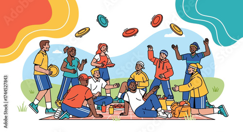 Diverse Group Of Friends Having Fun, Playing Frisbee, And Enjoying A Picnic Together