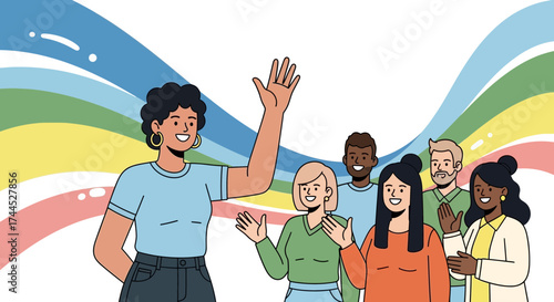 Diverse group of friends waving with a rainbow background cheerful and welcoming
