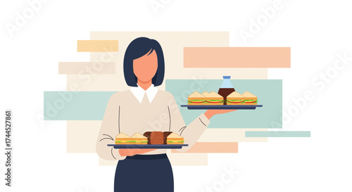 Elegant Server Delivering Food Trays with Sandwiches and Drinks in a Chic Restaurant
