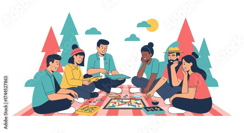 Diverse Group of Friends Playing Board Game Outside in a Relaxed Environment