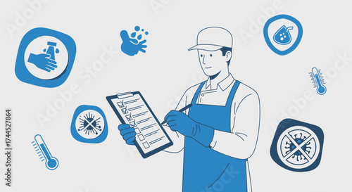 Employee conducting a workplace inspection with medical and sanitation elements