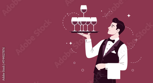 Elegant Server Displaying Wine Glasses on a Tray Against a Rich Garnet Backdrop
