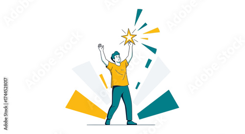 Elated Person Celebrating Victory and Achieving Success While Holding a Bright Star