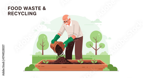 Elderly Gardener Composting Organic Waste for a Sustainable Garden, Recycling Initiatives
