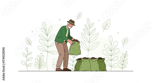 Elderly Man Gardening with a Hat Handling Sack of Soil and Plants in the Background