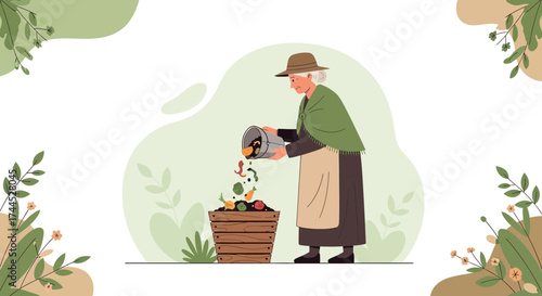 Elderly Lady Composting Kitchen Scraps For A Sustainable and Eco-Friendly Garden