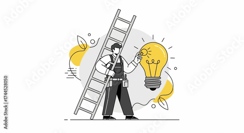 Electrician installing a light bulb, ideas, and Innovation concept in an illustration