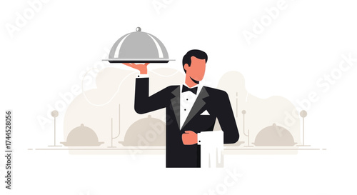 Elegant Server Presenting Dish Under Cloche Ready To Serve Guests In Formal Dining Setting