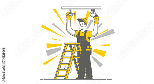 Electrical Technician Replacing Lightbulbs Whilst Standing On a Ladder to Illuminate a Room