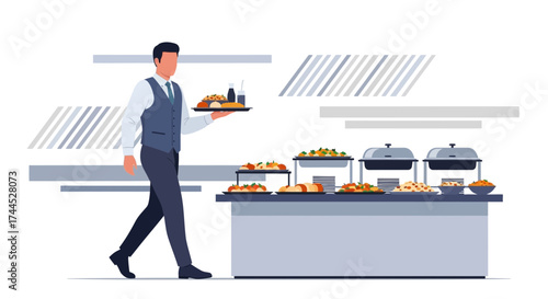 Elegant Attendant Traversing With Feast Offering, Catering Event In Preparation, Vector Illustration