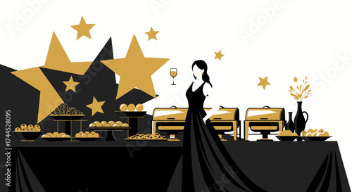 Elegant Black and Gold Buffet Event with a Woman, Perfect for Celebrations.