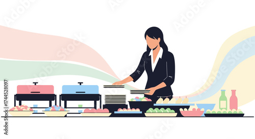 Elegant Buffet Presentation of Food with Business Woman Serving Dishes to Guests at the Event