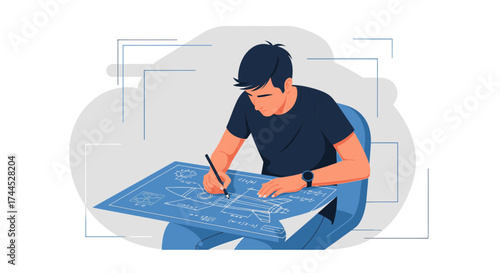 Engineer Designing Technical Blueprint for Rocket, Futuristic Launch Vector Rendering