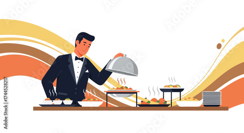 Elegant Service Illustration Depicting Gourmet Food Presentation with a Formal Server at a Buffet