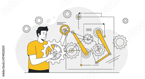 Engineering Precision: A Man Carefully Arranging Gears and Components