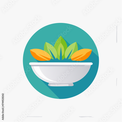 A minimalist icon representing a bowl of salad and nutritious food within a turquoise circle
