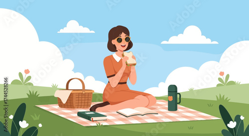 Enjoyable Picnic With Woman Eating Sandwich In A Pleasant Summer Day Scene
