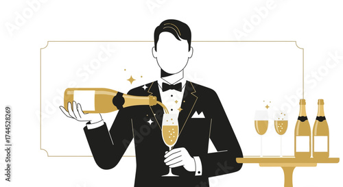 Elegant Sommelier Pours Sparkling Wine Into A Glass: Illustration For Celebration And Luxury
