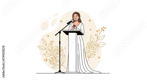 Elegant Speaker Delivering A Speech At A Podium Adorned With Floral Embellishments